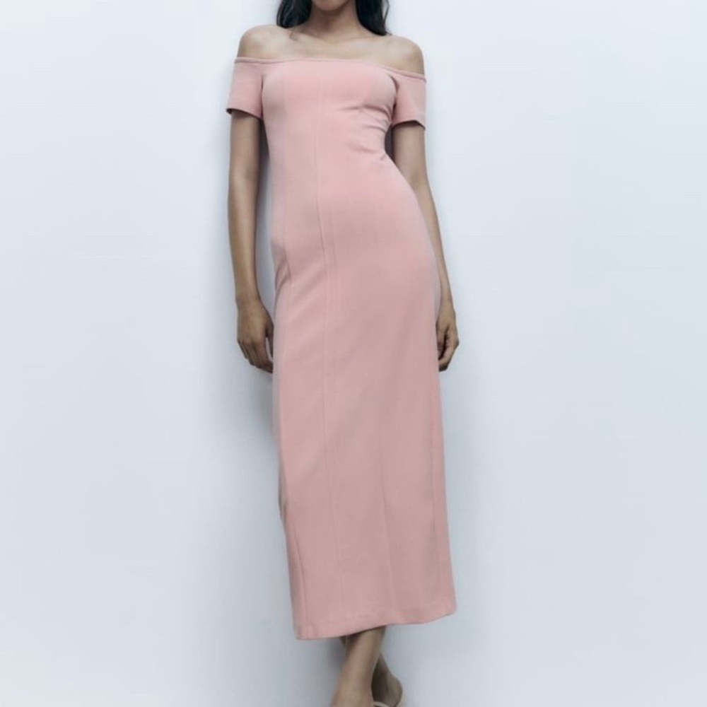 Zara Pink Off-the-Shoulder Bodycon Midi Dress Size Small